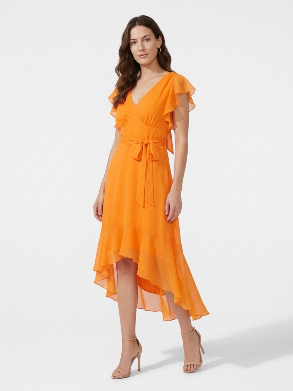 New Womens Orange Flutter Sleeve High Low Ruffle Midi Dress Tie Waist Large